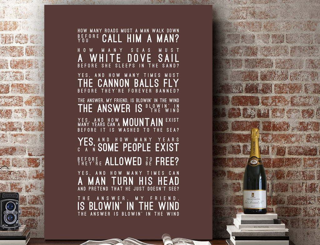 Bob Dylan Blowin' In The Wind Inspired Lyrics Typography Print